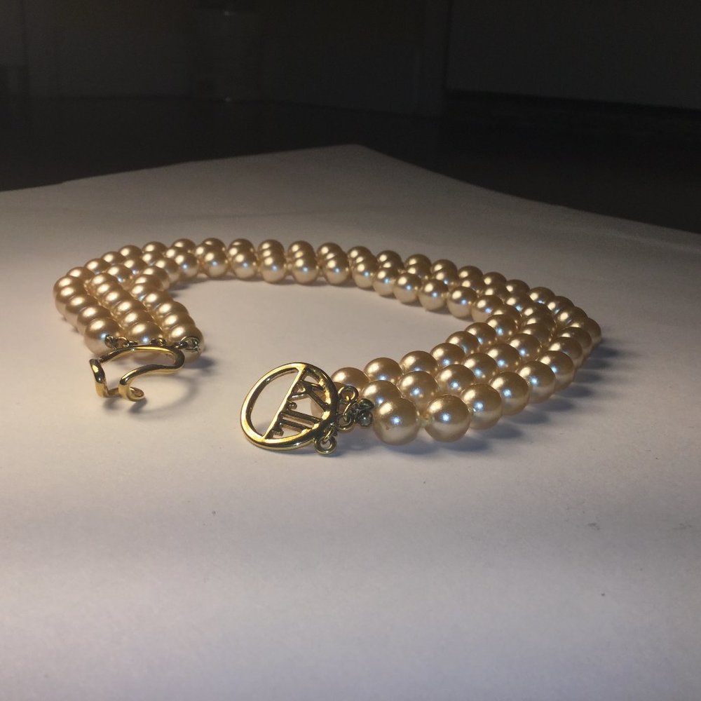 Vintage Kenneth Jay Lane KJL monogram triple-strand white faux-pearl necklace